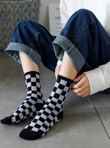 1/2/4/6 双女式棋盘格图案中筒袜，个性化休闲袜，适合所有季节、情侣、户外、派对、礼物、哥特、返校、紧身裤、柔软、透气、秋季袜子