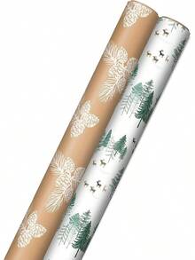 - Rollos de papel de regalo de Navidad - árboles verdes, conos de pino blanco en papel kraft reciclable (juego de 2 rollos: 150 sq.pies ttl.)Para fiestas de día festivo, bodas de invierno - Kraft café, conos de pino blanco, árboles de hoja perenne - Ver 2