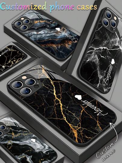 1 pieza Funda de teléfono personalizada, Funda de teléfono de vidrio con patrón de textura de mármol de alta definición personalizada compatible con Apple 17 ProMax/16 ProMax/15 Pro/14 Plus/13 Pro/12 Pro Max/11/Xs Max/8/7/6 Plus, S24 Ultra/S25 Ultra, /Teléfonos Redmi, Moda, Mejor regalo para amigos, padres, novio, novia