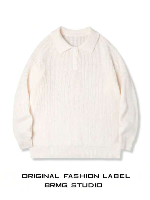 Autumn Back To School Casual Loose Polo Collar Half-Placket Pullover Sweater For Men, Minimalist Korean Style, Autumn/Winter