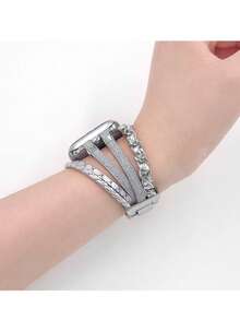 1入組分層包裹的手錶皮帶，適用於Apple Watch 38mm 40mm 41mm 42mm 44mm 45mm 49mm，多層皮革手鍊手錶帶具有雙鏈和水晶鑽裝飾，可用於更換適用於Apple Watch SE SE2 8 7 6 5 4 3 2 1的手錶帶 - 彩色 - 查看 6