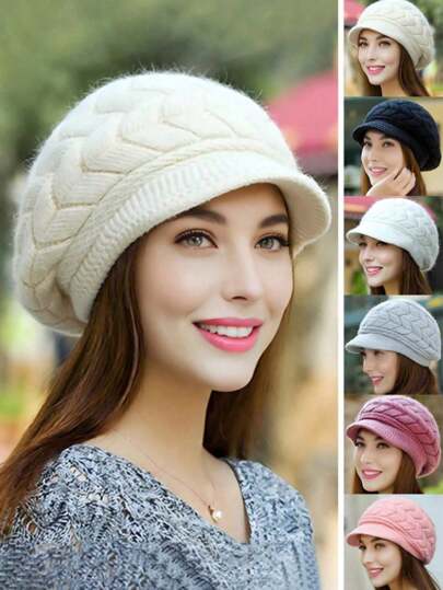 Damen Gestrickte Beanie Mütze, warm gefüttert mit Fleece, modischer Baskenmützenstil, vielseitig Lässig Polyester bestickte Mütze, geeignet für Herbst/Winter