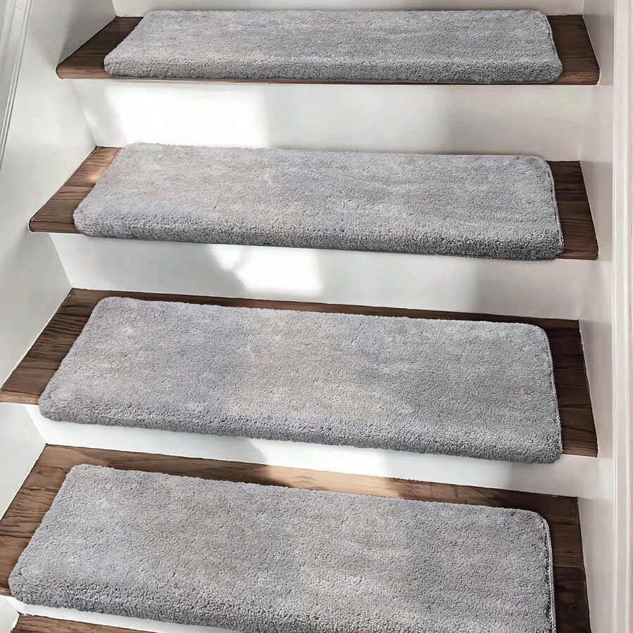 Plush Soft 14pcs Bullnosed Carpet Stair Treads Cover (9.5" X 30"X1.2")With 1pcs Landing Mat (24"X36") Rugs Set Tape Free Self-Adhensive Non-Slip Noise Reduced - 灰色 - 查看 1