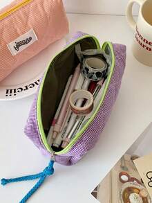 1 pieza Estuche de lápices a cuadros de color contrastante para estudiantes, bolsa de almacenamiento de artículos de papelería, bolsa de almacenamiento de cosméticos y artículos varios de gran capacidad