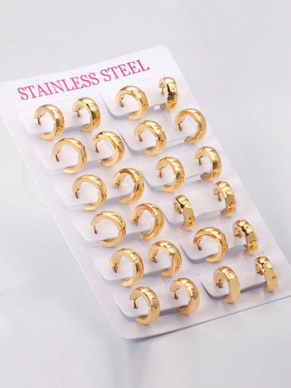 12 Pairs European And American Style Stainless Steel Gold-Plated Street Style Simple Hoop Earrings Suitable For Men And Women's Daily Match