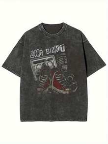 Limp Bizkit Retro Hip-Hop Graphic T-Shirt - Washed Black T-Shirt, 90s Tape And Sneaker Design, Soft Breathable Cotton Crew Neck Shirt, Suitable For Concerts, Nu-Metal Bands, Street Style Clothing, Unisex Retro Rap Metal Style Outfit, Music-Themed T-Shirt, Casual Wear, Durable Material, High-Quality Print - 黑色 - 查看 1