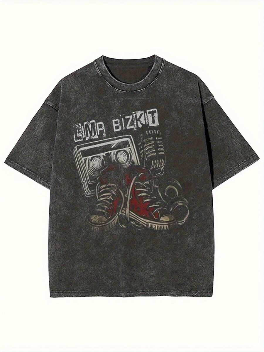 Limp Bizkit Retro Hip-Hop Graphic T-Shirt - Washed Black T-Shirt, 90s Tape And Sneaker Design, Soft Breathable Cotton Crew Neck Shirt, Suitable For Concerts, Nu-Metal Bands, Street Style Clothing, Unisex Retro Rap Metal Style Outfit, Music-Themed T-Shirt, Casual Wear, Durable Material, High-Quality Print - 黑色 - 查看 1
