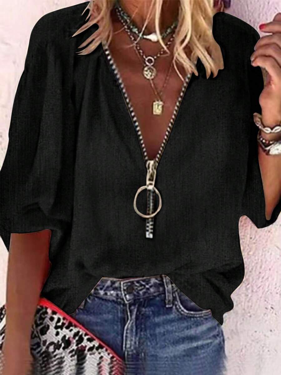 Women's Grey Half Zip Long Sleeve Loose Blouse, Casual Spring Summer Vacation Top - 黑色 - 查看 1