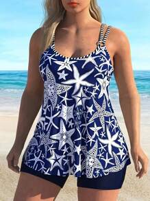 HKGFF-New Women'S Plus Size Tankini Set Two Piece Blue Starfish Printed Conservative Backless Shorts Style Beachwear Swimsuit Gift