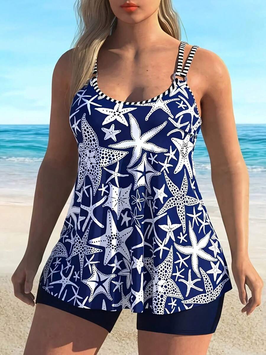 HKGFF-New Women'S Plus Size Tankini Set Two Piece Blue Starfish Printed Conservative Backless Shorts Style Beachwear Swimsuit Gift