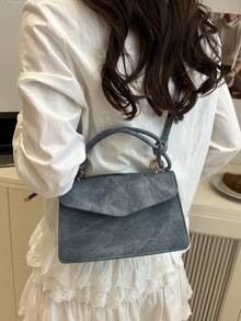 1 件女士纯色牛仔效果 PU 皮革方形包，带可调节肩带、翻盖、时尚手提包、单肩包，适合日常使用、上学、工作、约会、购物 - 藍色 - 查看 6
