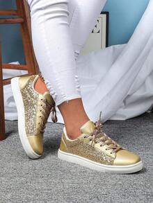 闪亮金色女士休闲滑板鞋，时尚优雅的运动休闲运动鞋，适合派对、度假、通勤，是节日的多功能礼物