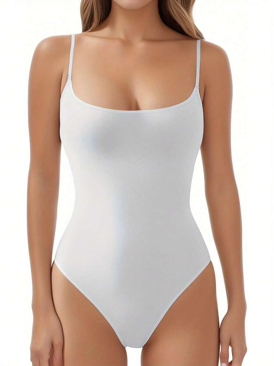 Women Sexy Spaghetti Strap Square Neck Thong Bodysuit Backless Camisoles Halter Tank Top - 白色 - 查看 1
