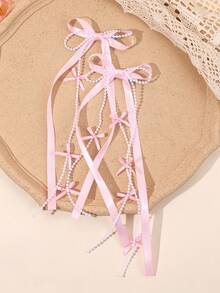 2个粉色流苏发夹，女士/女孩纯色丝带流苏蝴蝶结爪夹，仿珍珠流苏蝴蝶结发夹，优雅仿珍珠流苏蝴蝶结发夹，婚礼/节日双马尾蝴蝶结发夹，女士发饰，爪夹，发夹，发饰，发卡 - 粉色 - 查看 6