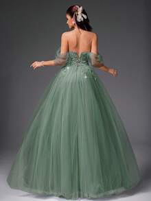 VIPGIRL 绿色露肩薄纱贴花舞会礼服，甜心A字开衩正式晚礼服，女士公主舞会礼服，适合毕业典礼、庆典、婚礼宾客 - 綠色 - 查看 2