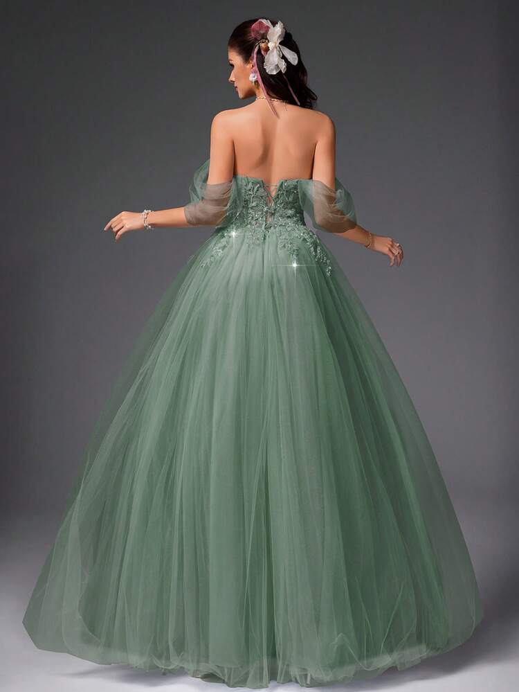 VIPGIRL Vestido de fiesta verde con hombros descubiertos de tul con aplicaciones, vestido de noche formal con corte en A y escote de corazón, vestido de bola de princesa para mujeres, graduación, gala, invitado de boda - Verde - Añade 2