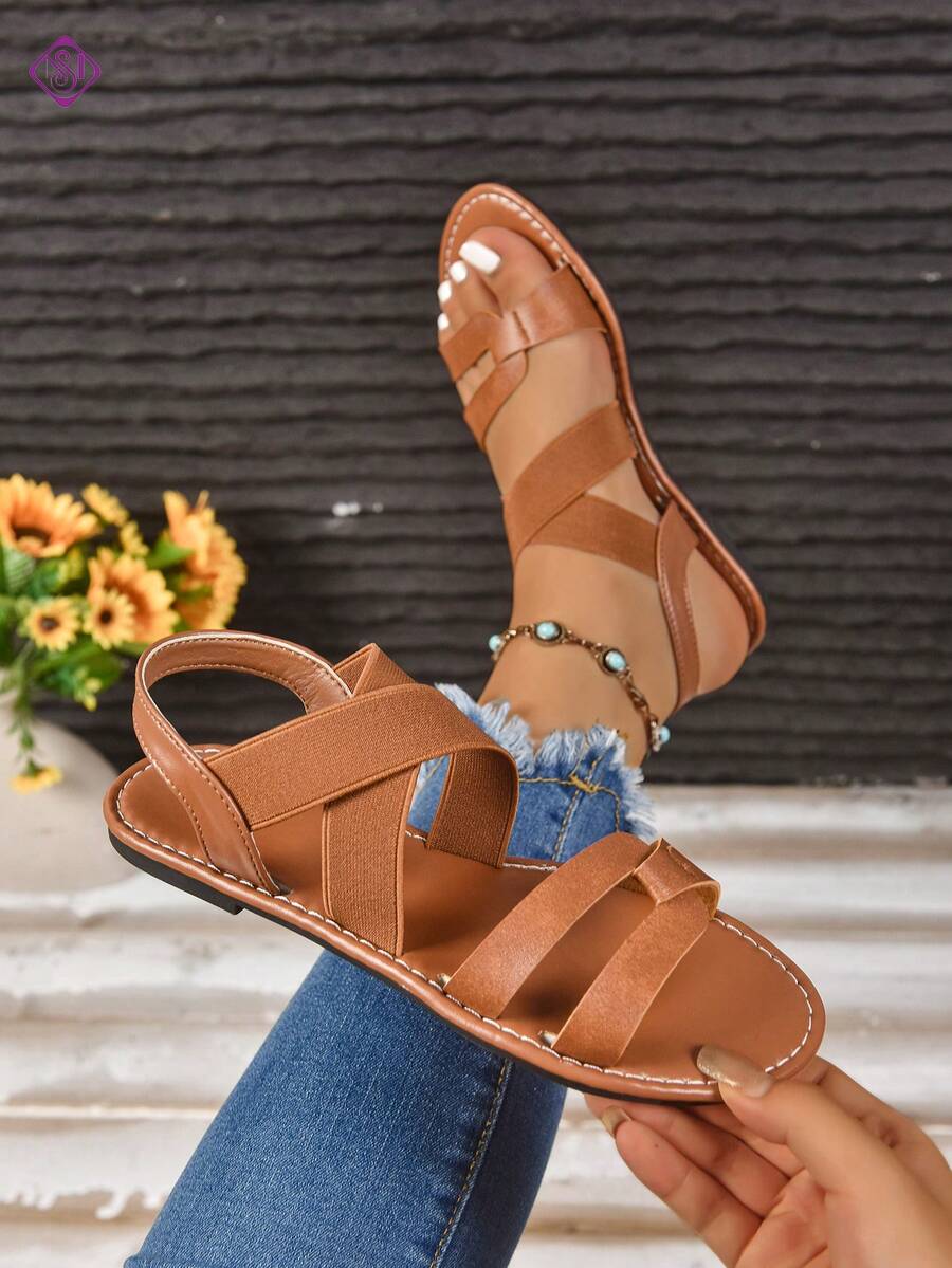 Sandalias planas para mujer, sandalias sueltas y cómodas con banda elástica de moda y ajuste ancho, sandalias ligeras y versátiles para exteriores, sandalias casuales de playa para mujer - Marrón - Ver 1