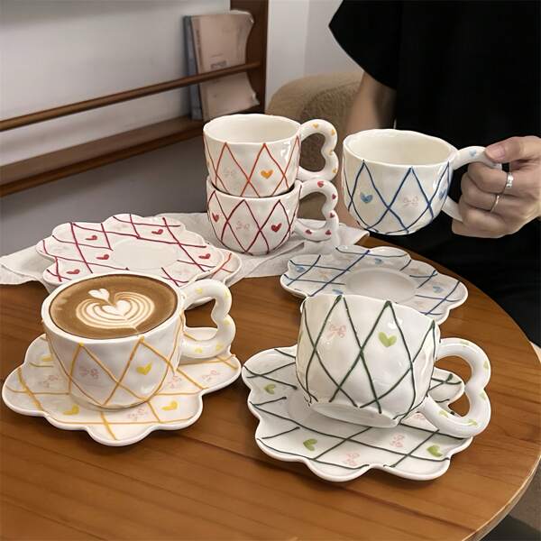 Juego de taza y platillo de cerámica con estampado en relieve al estilo coreano Ins, taza de café hecha a mano asimétrica, apta para taza de desayuno, taza de leche, taza de latte, taza rayada, 300ml