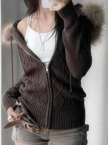 Y2K Casual Street Style Commuting Solid Color Zipper Hooded Patchwork Wool Collar Wool Cardigan Jacket, Suitable For Christmas & Autumn - Brown - View 5
