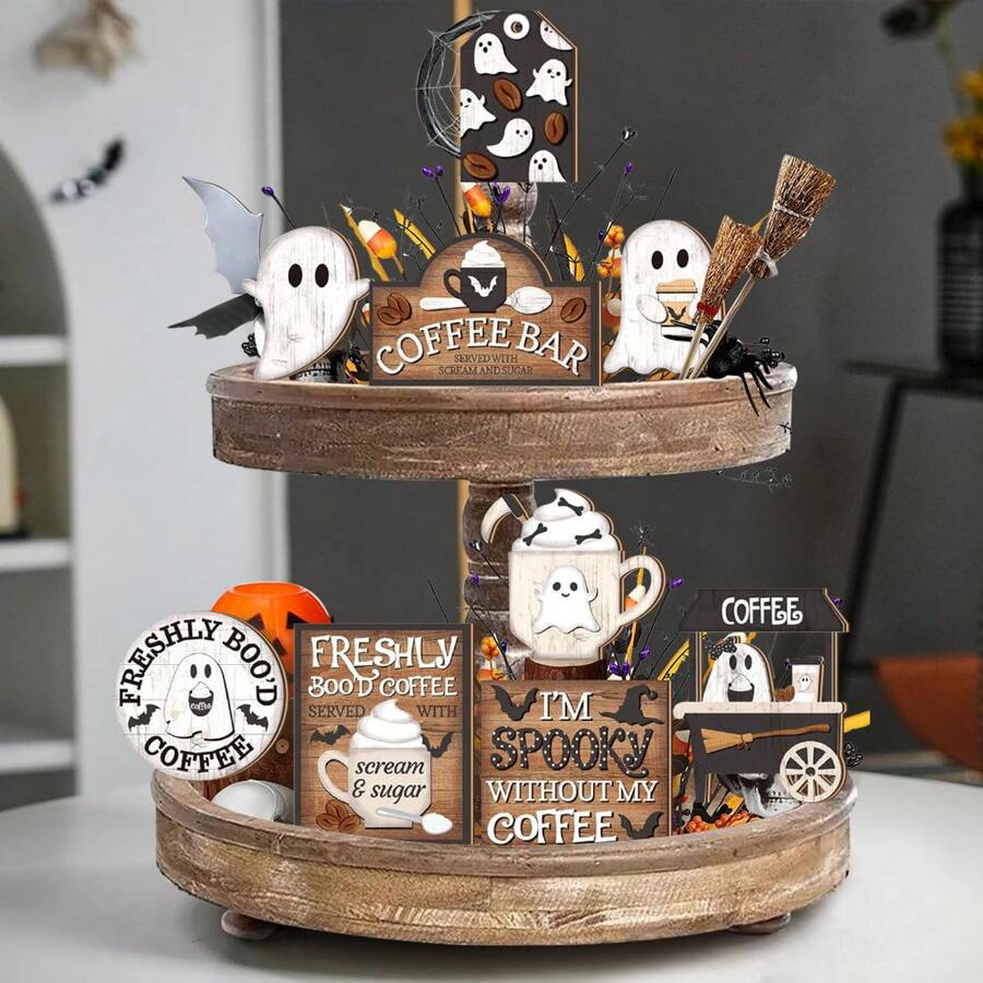 9Pcs/Set Halloween Tiered Tray Decor Set Coffee Ghost Decorations Wooden Mini Signs Rustic Table Centerpieces Farmhouse Decor For Home Kitchen Table Farmhouse Thanksgiving Holiday Decor Supplies(Without Tray) Home Decor Halloween Decor Room Decor