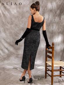 Vestido de noche de estilo vintage, elegante y de clase alta con diseño de jacquard en relieve delicado con apariencia de satén brillante con patrón 3D, cintura drapeada de talle alto, bajo con abertura, sin mangas, para eventos de etiqueta negra, sensación de Derby, vestido negro pequeño, vestido de invitada de boda, estilo de corte, baile de graduación - Negro - Ver 7