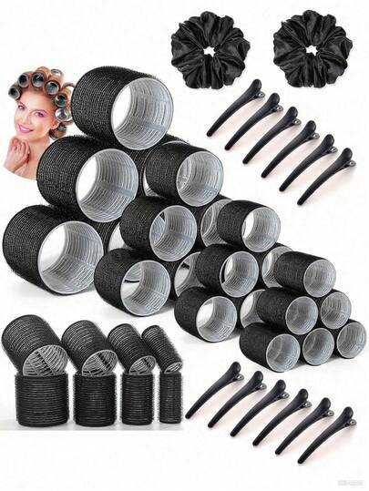 Hair Curlers Rollers, 24pcs Hair Rollers Self Grip Holding Curlers With 12pcs Alligator Hair Clips With2 Satin Scrunchie For Long Medium Short Thick Fine Thin Hair Bangs Volume Salon Hairdressing Curlers, Diy Hair Styles, Hair Styling Kit, Hair Tool Kit, Hair Accessories