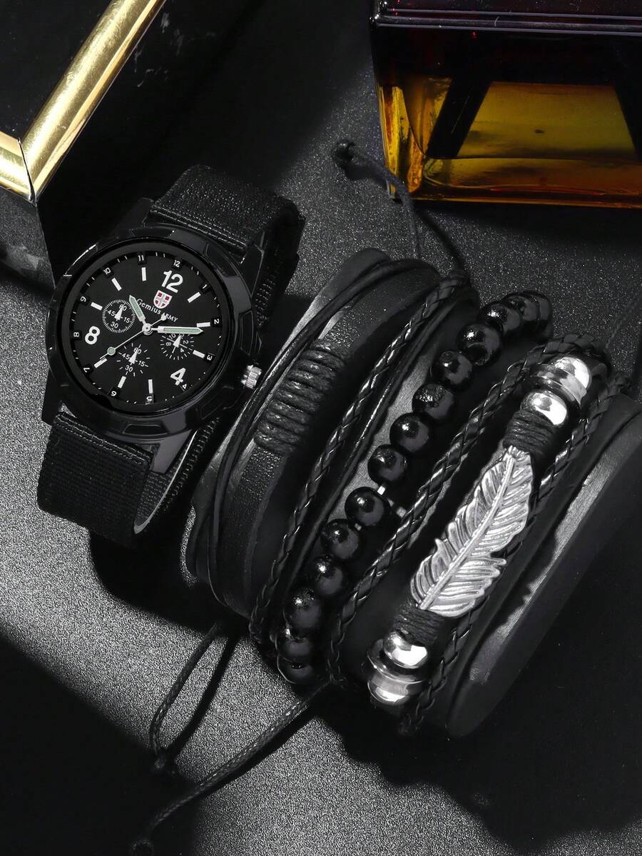 4pcs/Set Men's Watch Set, Fashion Quartz Watch + Versatile Bracelet Set, Classic Round Dial, Comfortable Nylon Strap, Suitable For Daily Wear - Black - View 1