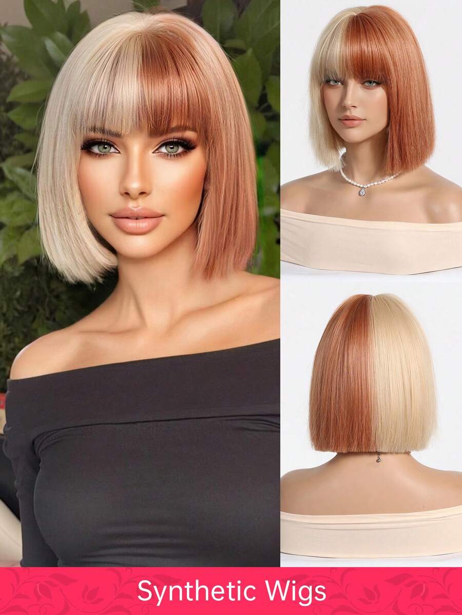 Ombre Brown Blond Wig With Bangs Short Bob Wig Green Wigs For Women Synthetic Hair Colorful Wig For Costume Cosplay 12 Inch Suitable For Role-Playing - Two-Tone - View 1
