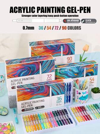 Languo 90-Color Acrylic Paint Gel-Pen Set - Professional Layering Art Markers For Students, 0.7mm Fine Tip DIY Drawing Pens For Glass/Paper/Wood/Black Paper/Tumblers/Plastic, Ideal For Study Notes & Crafts