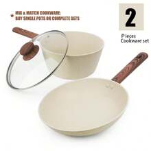 ABKOK 1pc/2pcs/3pcs/4pcs/7pcs/12pcs/15pcs Aluminium Pot Set 7.4inch Stockpot With Lid 8.3inch Wide Mouth Frying Pan 9.8inch Frying Pan Silicone Three Pieces Set Spatula Spatula Spoon Wooden Handle Suitable For Kitchen Cooking, Frying And Cooking .Multi-Piece Cookware Bundles & Single Pots Sold Separately - Mix & Match For Your Kitchen Needs