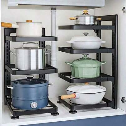 1 Adjustable Stainless Steel Under-Sink Storage Rack For Pots And Pans, In-Cabinet Storage, Kitchen And Bathroom Use