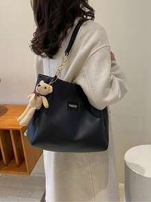 PU Chain Tote Bag With Pendant, Large Capacity Women's Commuter Backpack - Black - View 5