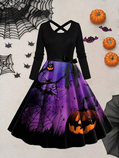 Halloween Vintage elegantes Party Kreuz Kleid, Kürbis Totenkopf Spinnennetz Muster Rundhals Taille hoch Patchwork Langarm Maxikleid mit Schleife