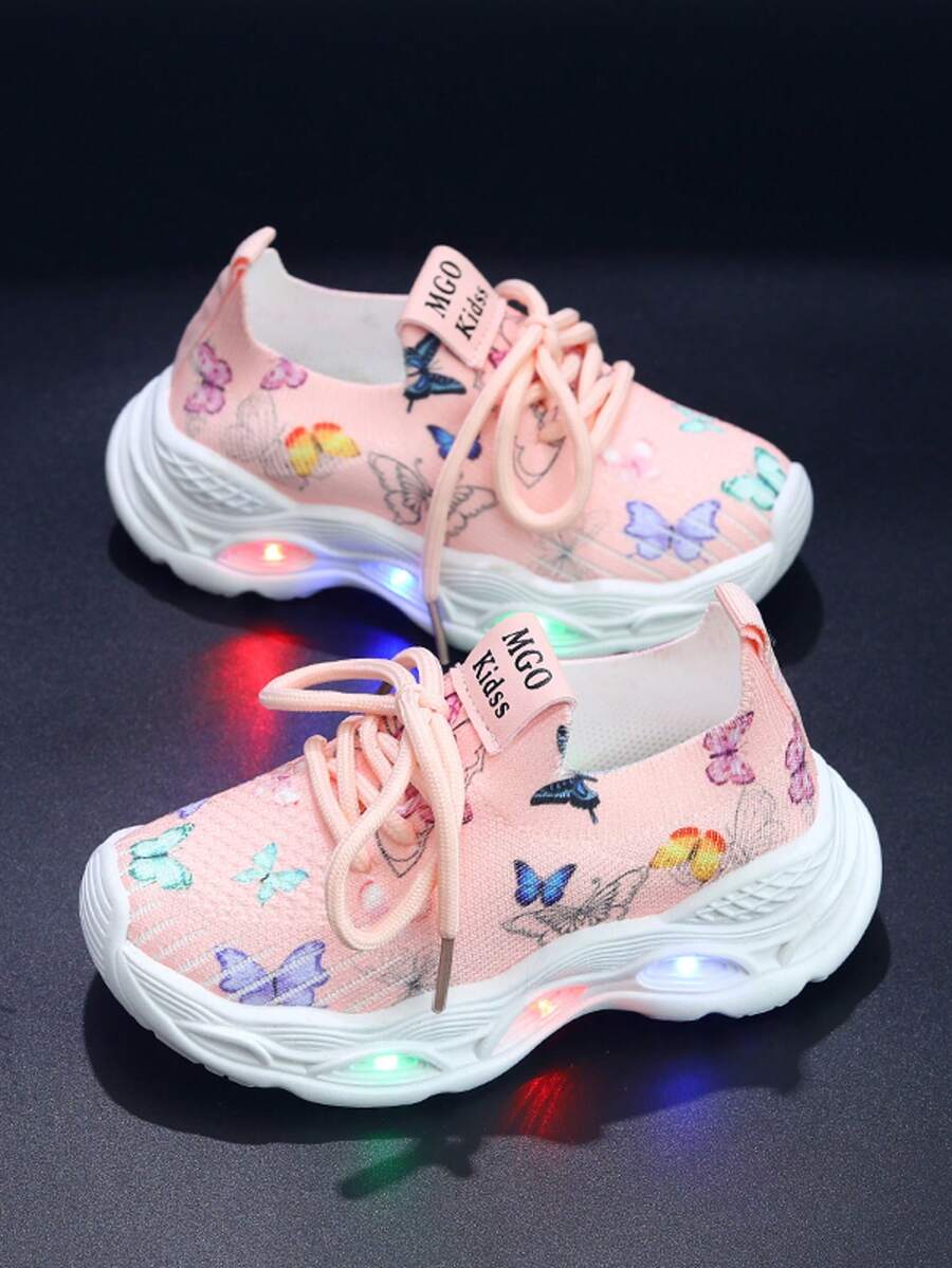 MGO Kidss Dziecięce buty sportowe MGO z nadrukiem motyli i świecącą diodą LED Princess, dziewczęce trampki sportowe, buty do biegania, codzienne buty sportowe, tenisówki, oddychająca dzianina, odpowiednie dla dziewczynek w wieku 1-6-9 lat, wiosna/jesień