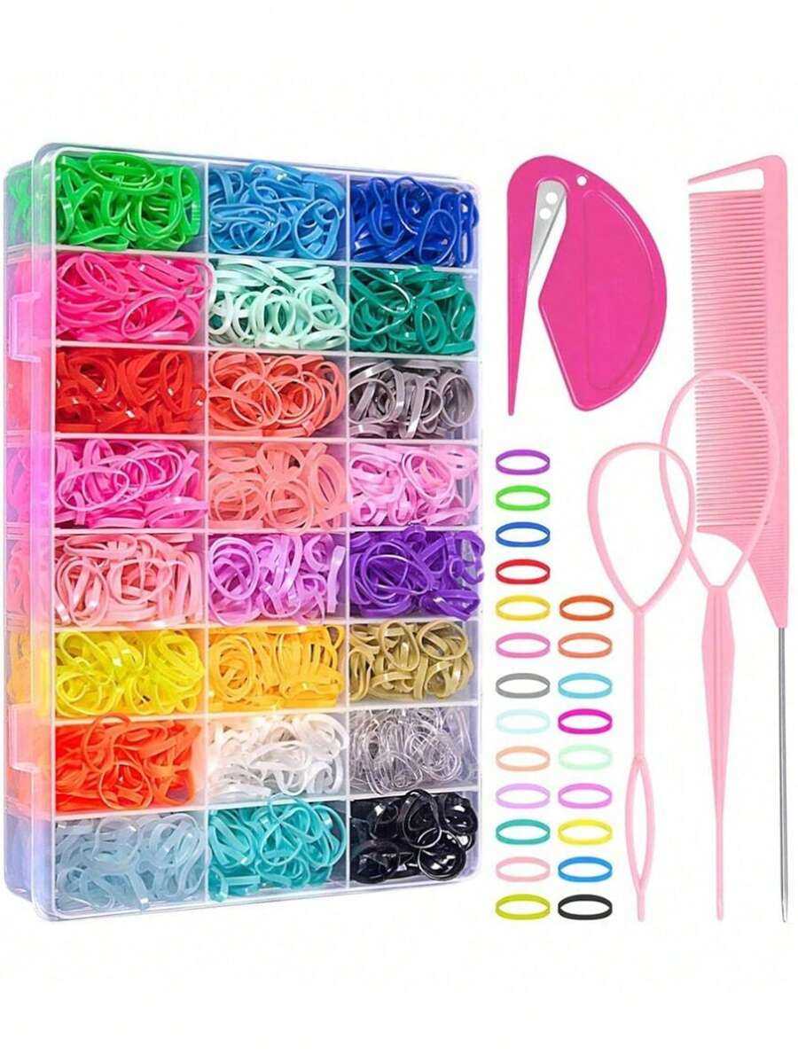 204件/套随机颜色发饰，包括24种颜色的弹力发圈、发带、4件美发造型工具和收纳盒，以及女孩发夹和彩色装饰品，休闲粉色配饰 - 彩色 - 查看 1