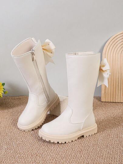 1 Pair Girls' Soft Ivory-White Mid-Calf Boots, PU Patchwork Fabric, Pearl Mesh Bow Decor, Zipper Closure, Round Toe, Warm Soft Sole, Fashion & Cute, Suitable For 3-12 Years Old Female Students For School, Daily Wear, Festivals, Autumn/Winter