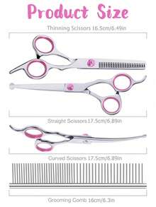 Professional Pet Grooming Scissors Set - Straight Shears, Thinning Shears, Curved Shears, Steel Comb, Suitable For Pet Hair Trimming And Brushing, Pink Grooming Kit