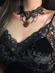 1 件哥特式蕾丝颈链，复古风格项圈链配饰，深色美学颈部装饰，适合节日派对、万圣节
