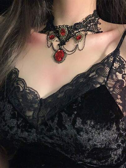 1 件哥特式蕾丝颈链，复古风格项圈链配饰，深色美学颈部装饰，适合节日派对、万圣节