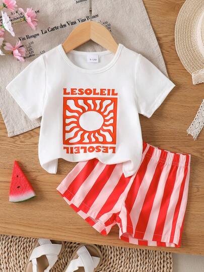 2pcs/Set Baby Boys' Casual Letter Print Short Sleeve Round Neck T-Shirt And Striped Shorts Set, Summer