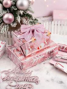 1 卷圣诞包装纸迷你卷，粉色金属箔闪亮纸 - 雪花/圣诞老人/HO 印花礼品包装，艺术手工艺品，适合寒假假期、家庭聚会、圣诞节设计礼品包装纸、圣诞派对用品 - 粉色 - 查看 6