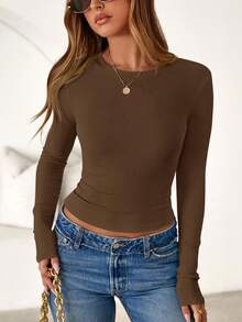 Women Spring And Fall Long Sleeve Shirts Ribbed Crewneck Fitted Basic Tee Going Out Tops Casual Workout Vacation Outfits - 棕色 - 查看 6