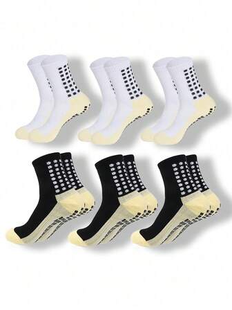 6 Pairs Men's Black & White Combination Anti-Slip Grip Soccer Socks, Suitable For Sports & Football