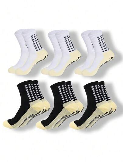6 Pairs Men's Black & White Combination Anti-Slip Grip Soccer Socks, Suitable For Sports & Football