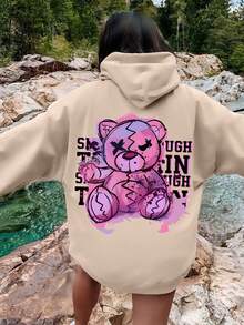 1 Stück Teenager Mädchen Straßen Bären Muster Hoodie, weich und bequem, Frühling & Herbst Alltags Lässig Tragen
