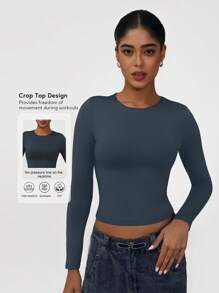 Sodalemon Damen Rundhals-Workout-Training, elastisches Training, bescheidenes Gym-Oberteil, Fitness, langärmeliges Damen-Wandershirt, leichtes Yoga-Sport-T-Shirt