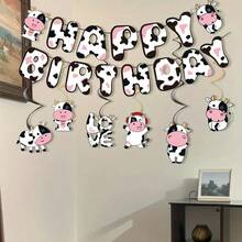 1 Set Pink Cow Birthday Party Hanging Banner, Pink And Brown Cartoon Cow Design, Suitable For Farm Theme Indoor And Outdoor Garden Hanging Decor Party, Durable Paper Hanging Decor For Indoor/Outdoor Garden, Graduation, Christmas, Halloween, Valentine's Day, Wedding, Birthday - Multicolor - View 2