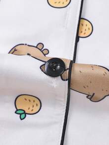 2pcs Autumn/Winter Capybara Print Pajama Set For Women, Comfortable Long Sleeve Lapel Button-Up Shirt With Chest Pocket And Relaxed Elastic Waist Pants, Sleepwear For Holiday Party, Soft Fabric For Casual Outdoor & Indoor Warmth, Fall Clothes - 棕色 - 查看 4