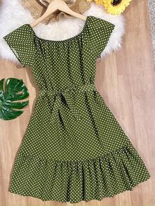 Floral Polka Dots With Belt Ruffle Hem Beach Women's Fashion - Army Green - View 3