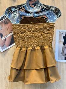 Cropped Elastic Blouse With Ruffle - Brown - View 2